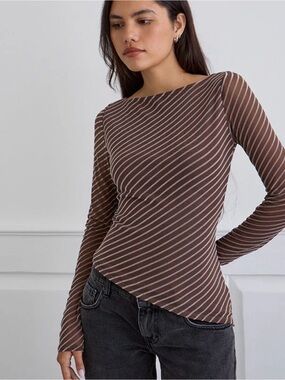Motel Rocks Lakya Long Sleeve Top In Diagonal Stripe Flocked Brown And Cream XL
